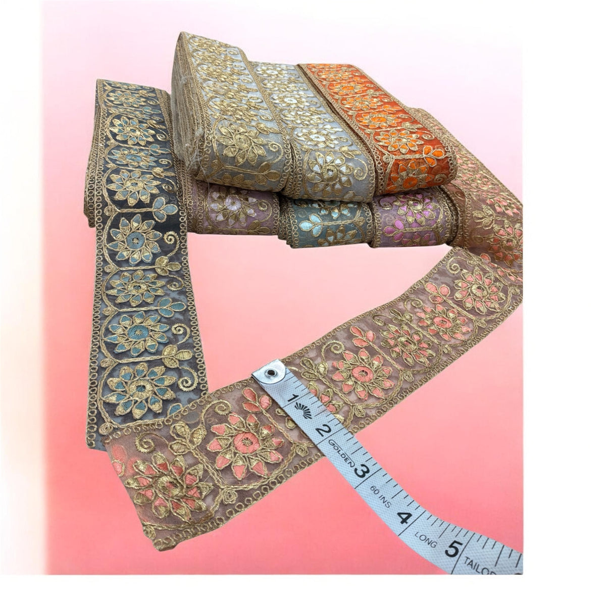 Beautiful Embroidered Lace Trim – 2 & quarter inches | organza suit lace | multiple colour | by yard | golden outlining ￼| Wingora