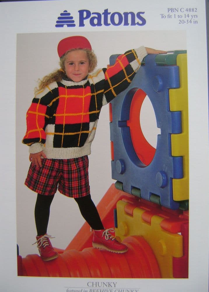 Patons 4882 Vintage Knitting Pattern Leaflet – Original Girls Tartan Checked Jumper | Chunky | Wingora