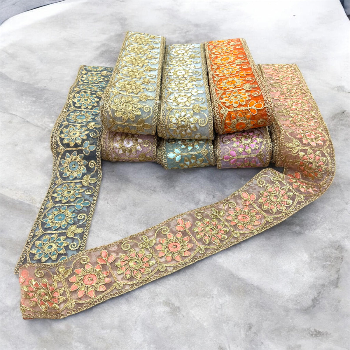 Beautiful Embroidered Lace Trim – 2 & quarter inches | organza suit lace | multiple colour | by yard | golden outlining ￼| Wingora