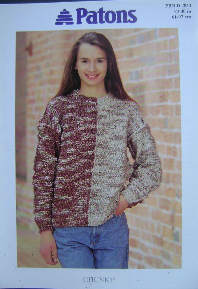 Vintage Patons Knitting Pattern D2043 Chunky Sweater Jumper 24–38” Chest Leaflet